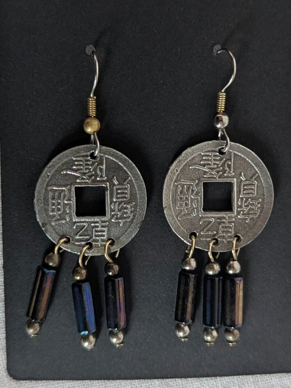 Chinese Coin with Iridescent Glass Bead Dangles